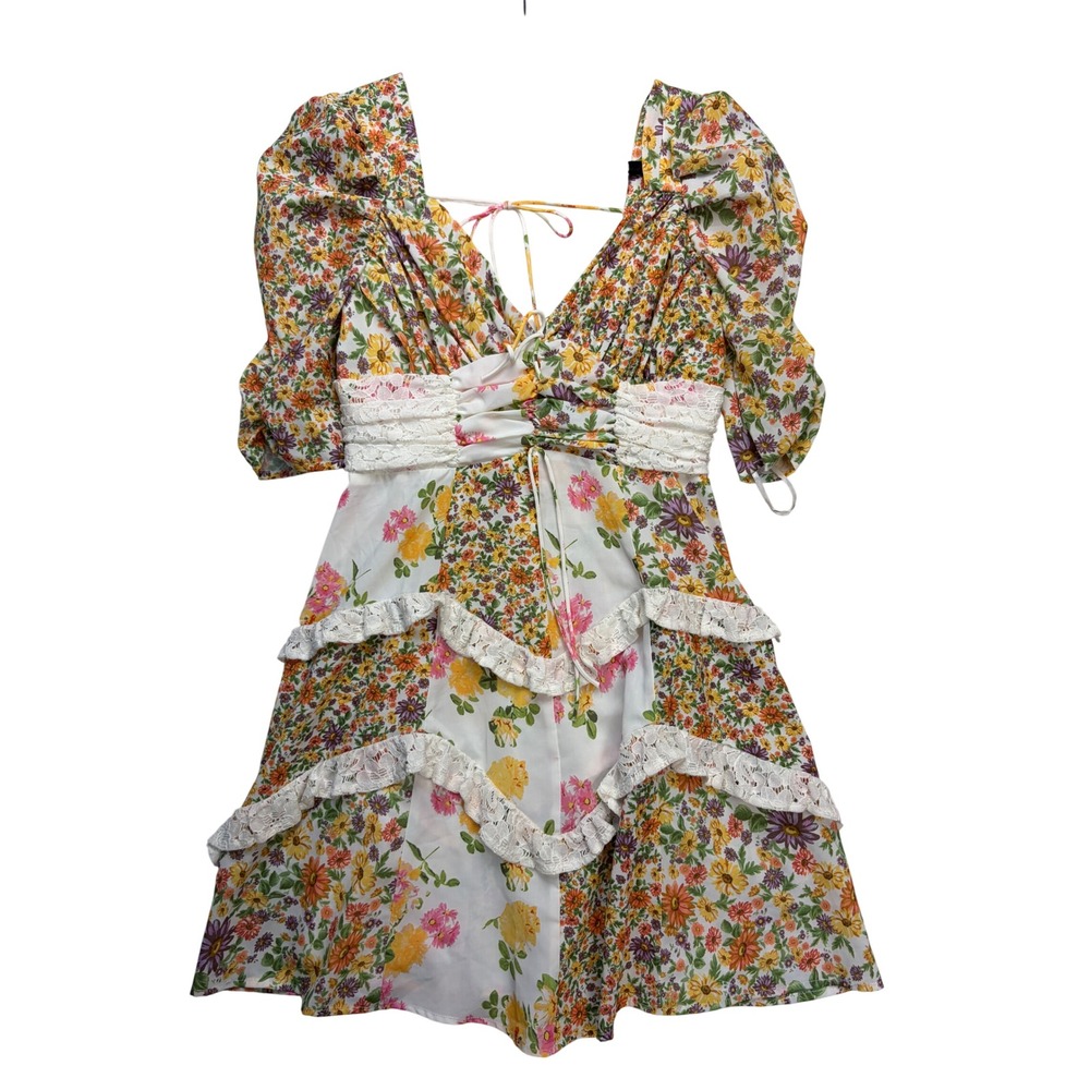 JardinVue Mini Dress Womens Size S Multicolor Floral Lace Tiered Ruffle Boho